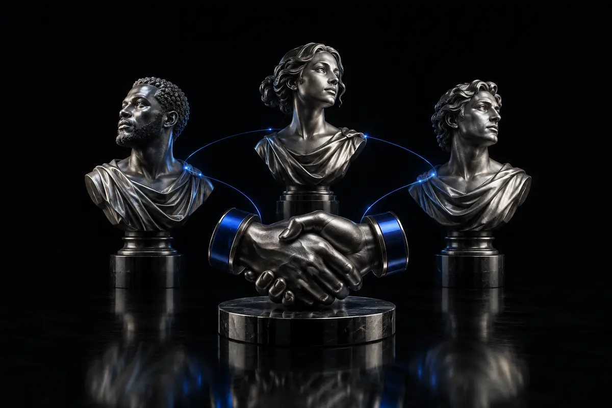 Silver figures connected by blue light, representing the Helix community